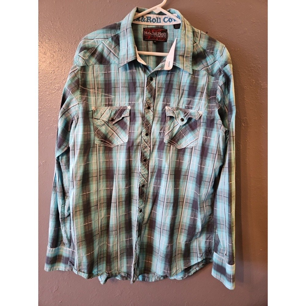 Rock & Roll Cowboy button up Pearl Snap Blue/Black Plaid Shirt Men's XL (B35)